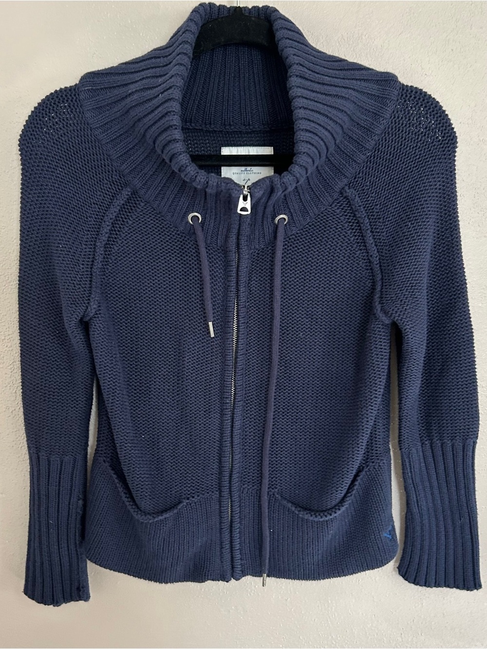 American Eagle Chunky Knit Zip Sweater Navy Coastal Nautical Fisherman